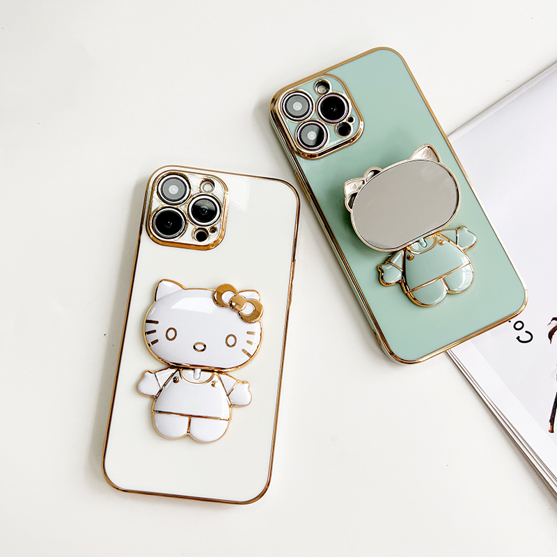 UCUC for Itel S23 Back Cover Cute kitty Mirror Multifunction Folding Bracket Luxury 6D Plating Case Soft Silicone Square Phone Cases for Boys for Girls. 