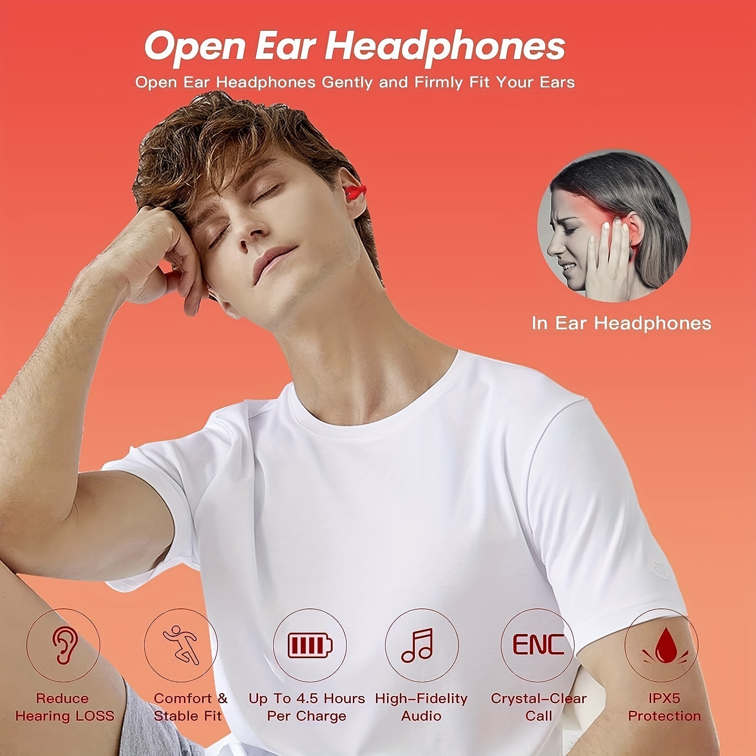 Wireless Open Ear Headphones, Clip On Earbuds For Android/iPhone, Air Conduction Earbuds With Charging Case. 