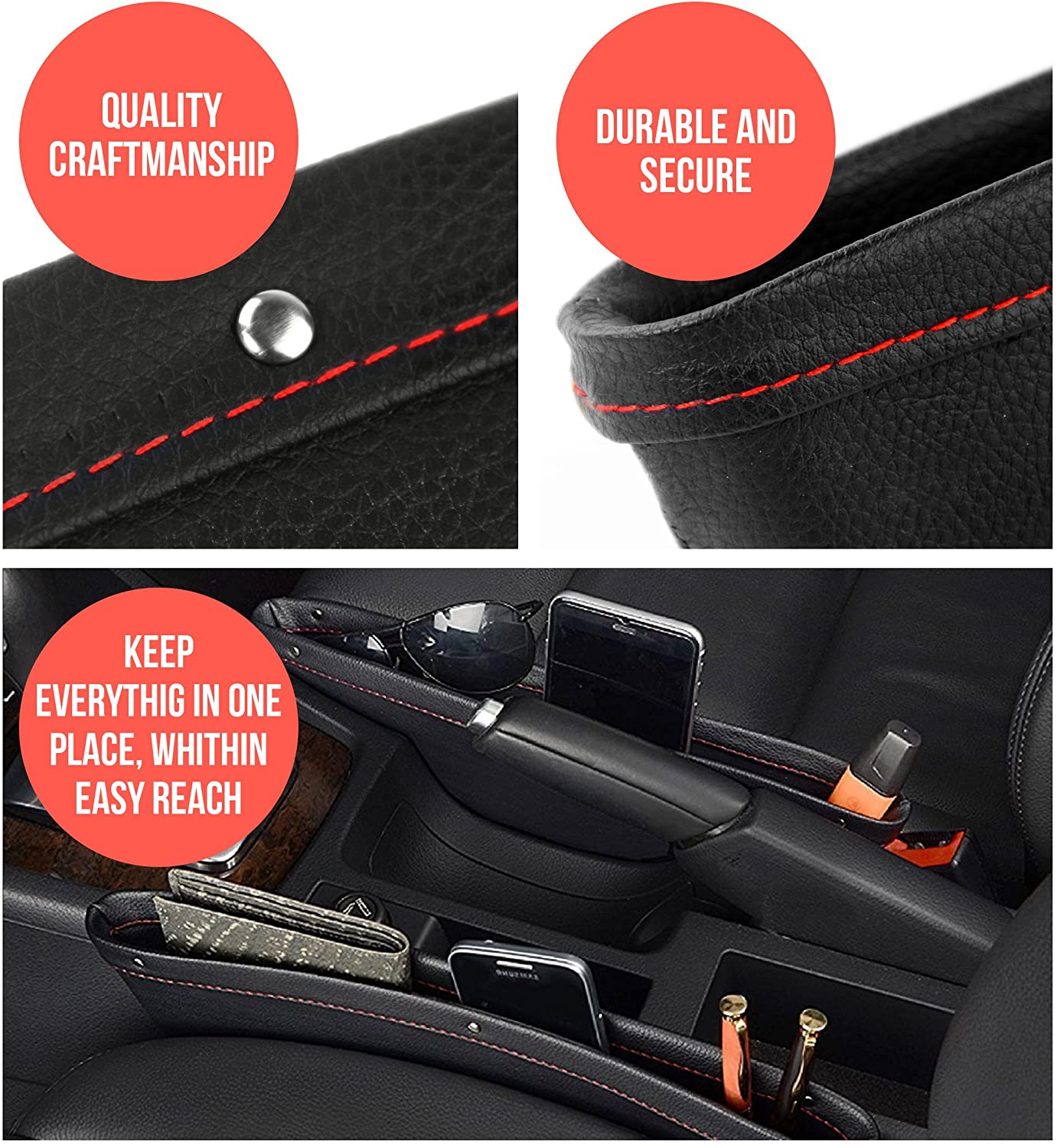 Leather Car Seat Catch Caddy- Gap Filler and Organizer in Between Front Seat and Console- 2 pcs. 