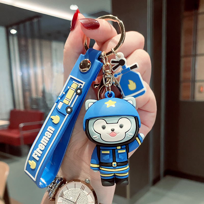 Creative cartoon firefighter raccoon king keychain soft plastic doll car key ring chain bag small pendant accessories