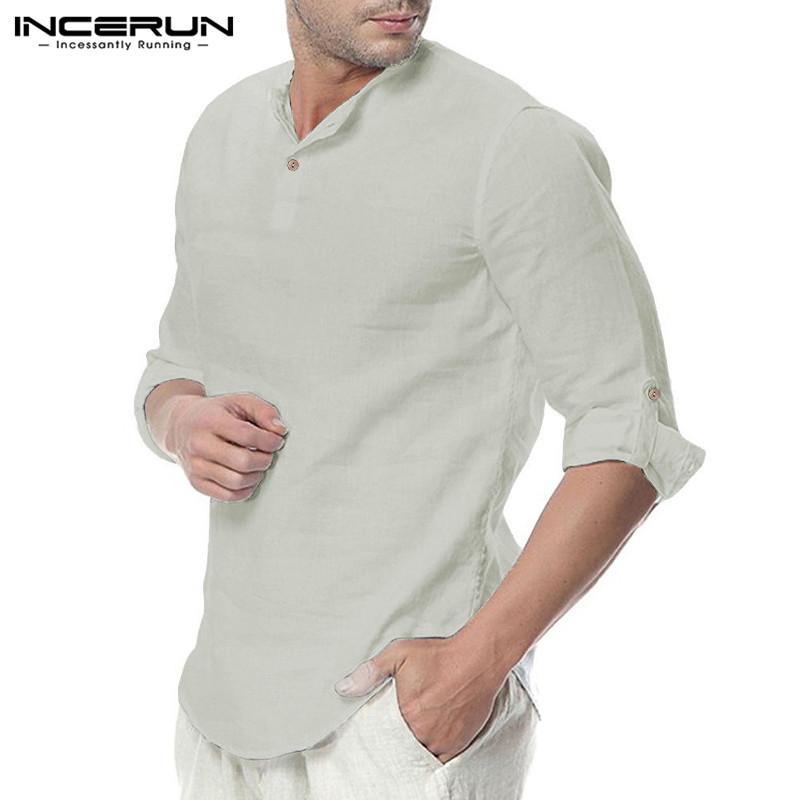 INCERUN Men Plain Cotton Button Neck Casual Long Sleeve Slim Fit Shirt Tee Tops