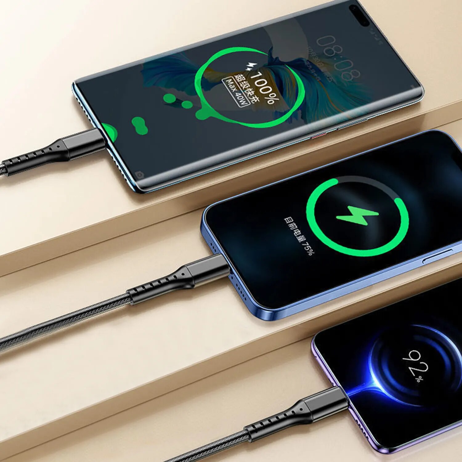Type C Data transmission 5A 3 in 1 USB Charging Cable Fast Charge Micro for iPhone Huawei Xiaomi Fishing Net Braided Data Cable. 