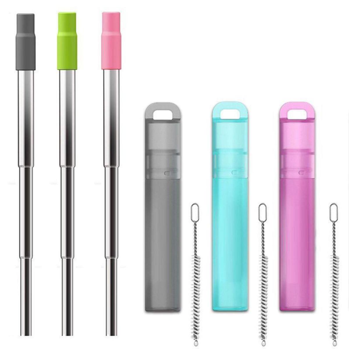 Telescopic Reusable Drinking Straws Stainless Steel Metal Straws Folding Straw Set with Case Cleaning Brush Camping Travel Straw