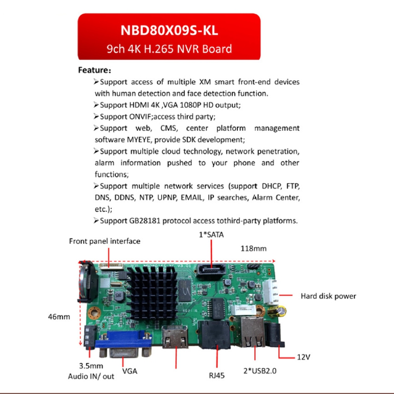 H.265 9CHx5MP NVR Network DVR Digital Video Recorder Board IP Camera Max 12T Face Human Detection OVNIF XMEYE 1 SATA P2P. 