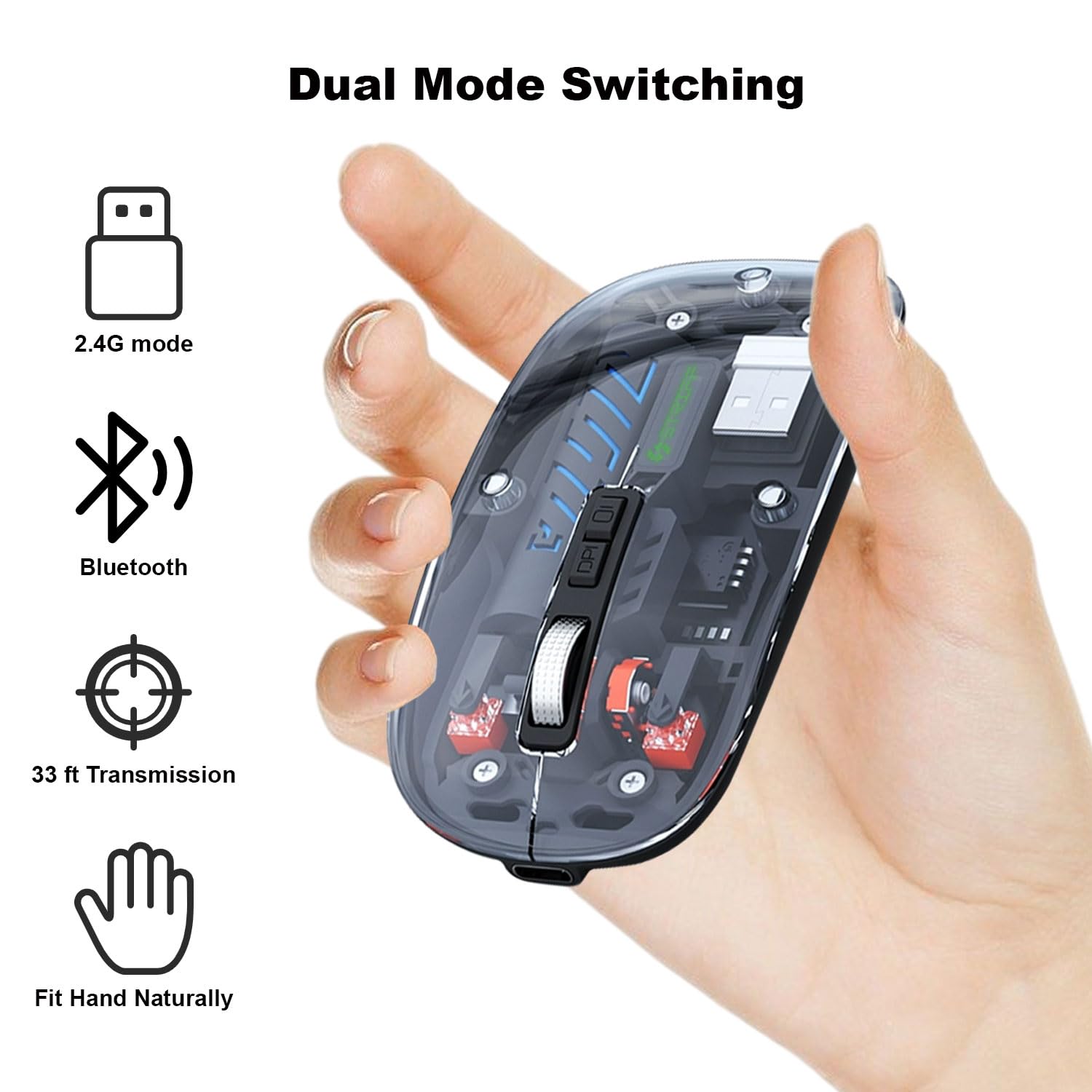 GEARBEST   Transparent with Dual Wireless (BT + 2.4 GHz), Wireless and Bluetooth Rechargeable Mouse, USB Receiver,LED Battery Magic Silm for Office/PC/Mac/Laptop/Apple/ipad. 