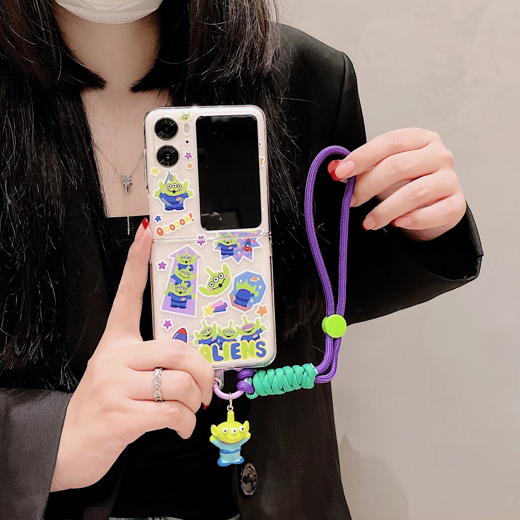 Cartoon Three-Eyed Alien Label Applicable OPPO Find N2Flip Folding Screen Mobile Phone Shell Transparent PC Hard Shell New. 