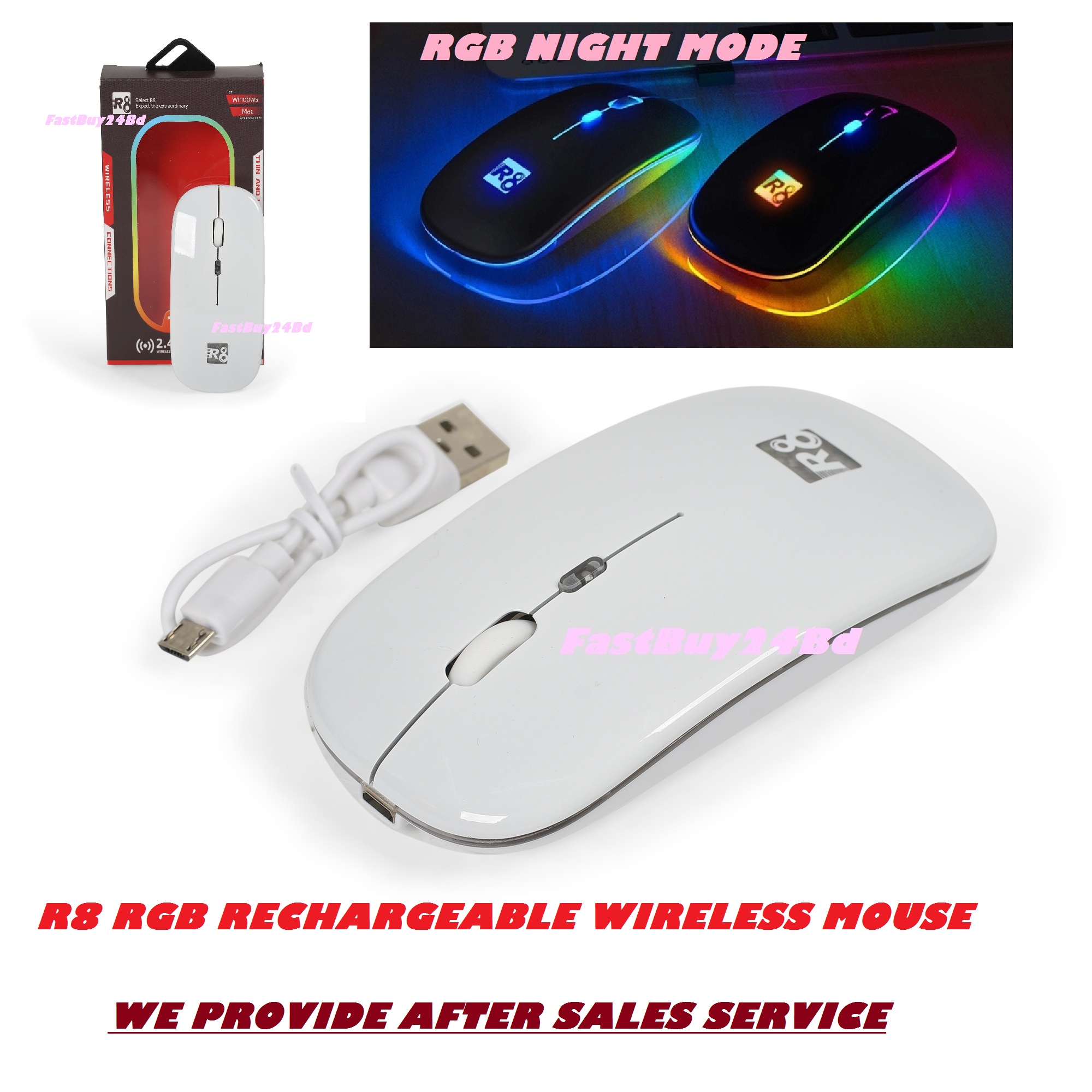 R8 Wireless Rechargeable Mouse With RGB Lighting, Silent-DPI Button having Light On Off Switch. 
