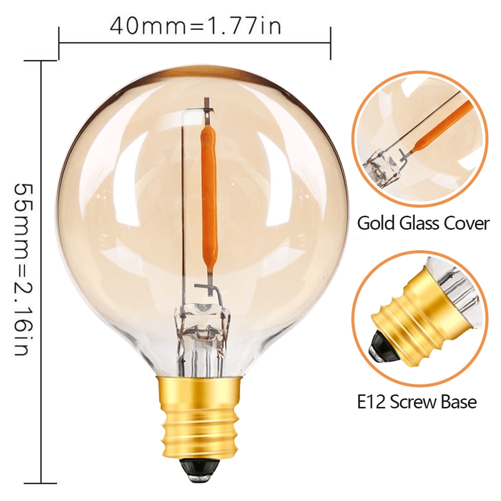25PCS G40 1W LED String Lights Replacement Bulb E12 220V 110V Warm White 2200K LED Lamps Replace G40 5W 7W Incandescent Bulbs--Warm white 2200K--E12 110V-130V. 
