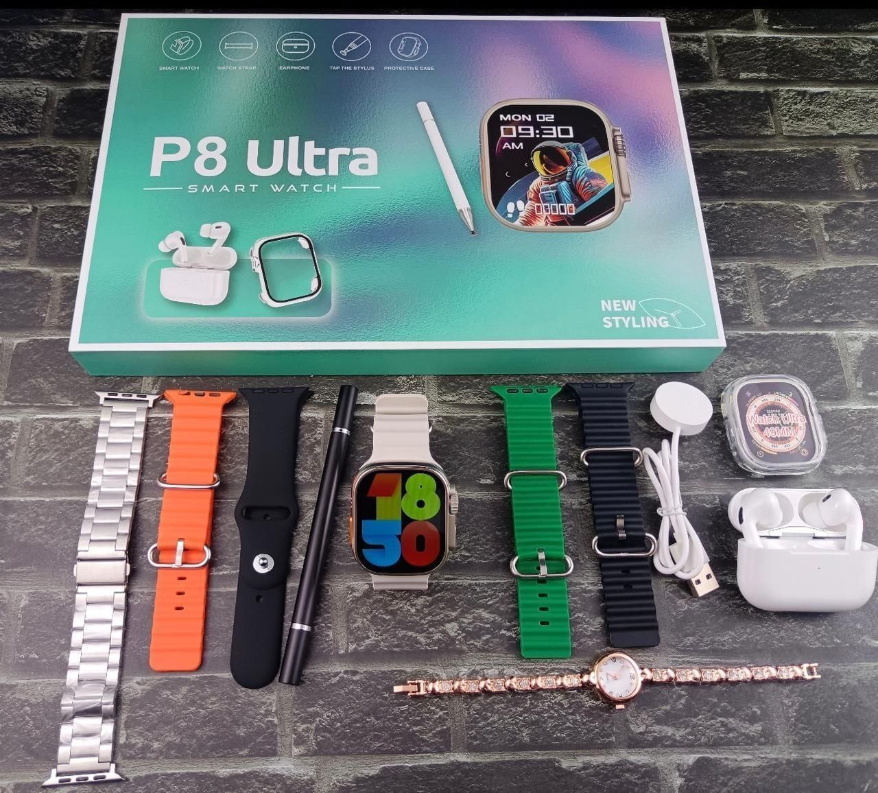 P8 Ultra Slim Touchscreen Smart Watch with 1.4-inch Square Display Wearable Fitness airpod pro - pencil ✏️-6 strps with Heart Rate.