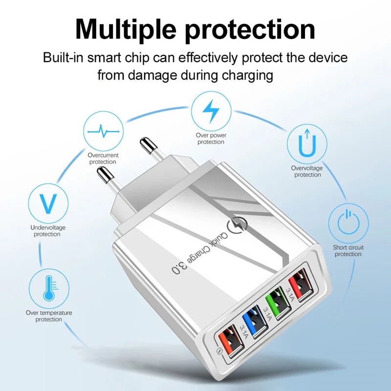 Quick Charge 4.0 4 Port Phone Fast Charger For Samsung S21 S20 FE S10 S9 S8 Plus Note 20 10 Ultra Fast Charging Wall Charger. 
