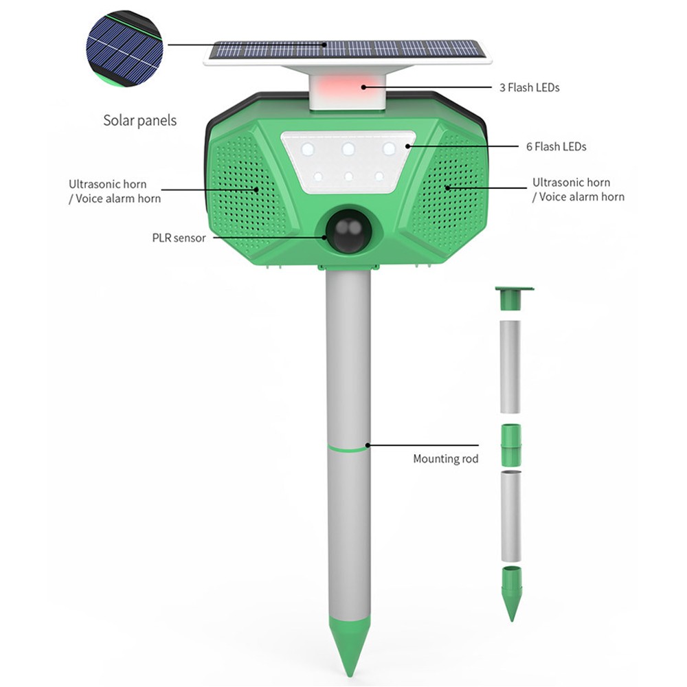 Solar Mole Repellent Ultrasonic Outdoor Pest Bird Squirrel Animal Repeller IP66 Waterproof 110° PIR Sensor Auto Motion Detection with Flash LEDs Voice Alarm Detachable Rod. 