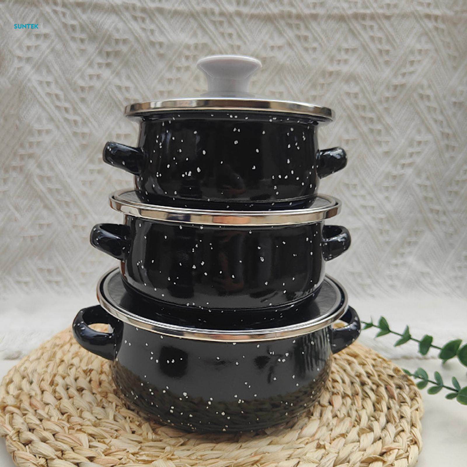 3Pcs Enamel Pot Set Enamel Cookware Set Multifuctional Accessories Double Handle Pot. 
