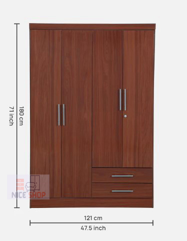 Glossy Cherry Secure 4-Door Wardrobe Partex MDF Laminated Board Almirah with 2 Large drawer and Clothe storage hanger shelf, 4 part Almira with Clothes storage shelve and drawer by Nice Shop,  4 doors wardrobes Almirah 72/48. 