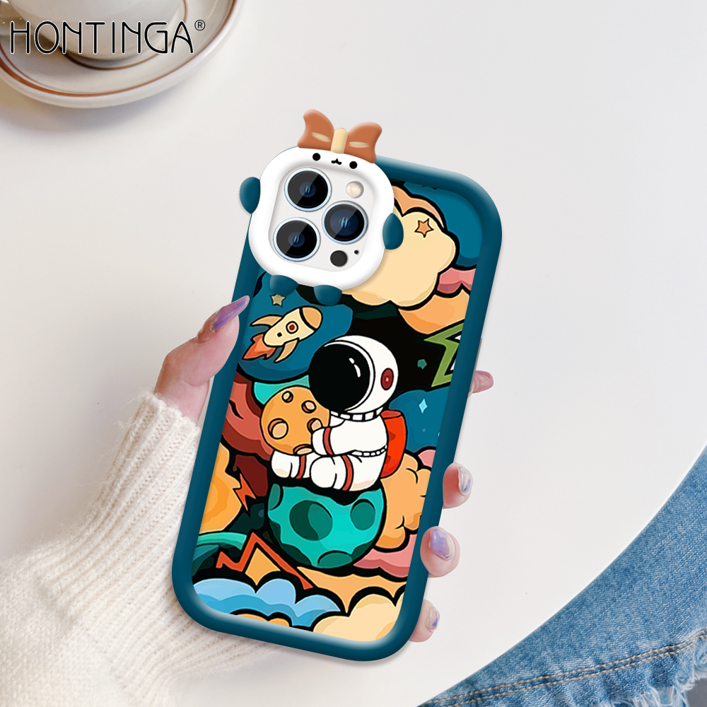 Hontinga for iPhone 14 Pro Max Back Cover Cartoon Astronaut Phone Case Monster Lens Camera Protection TPU Cover
