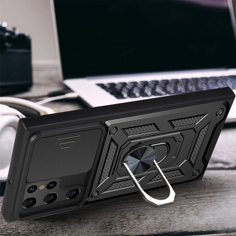 HODON Armor Shockproof Ring Stand Holder Case For Samsung Galaxy S24 S23 S22 S21 S20 Ultra S24 Plus S23FE Note 20 Cases Lens Push Pull Sliding Window Bracket Back Cover. 
