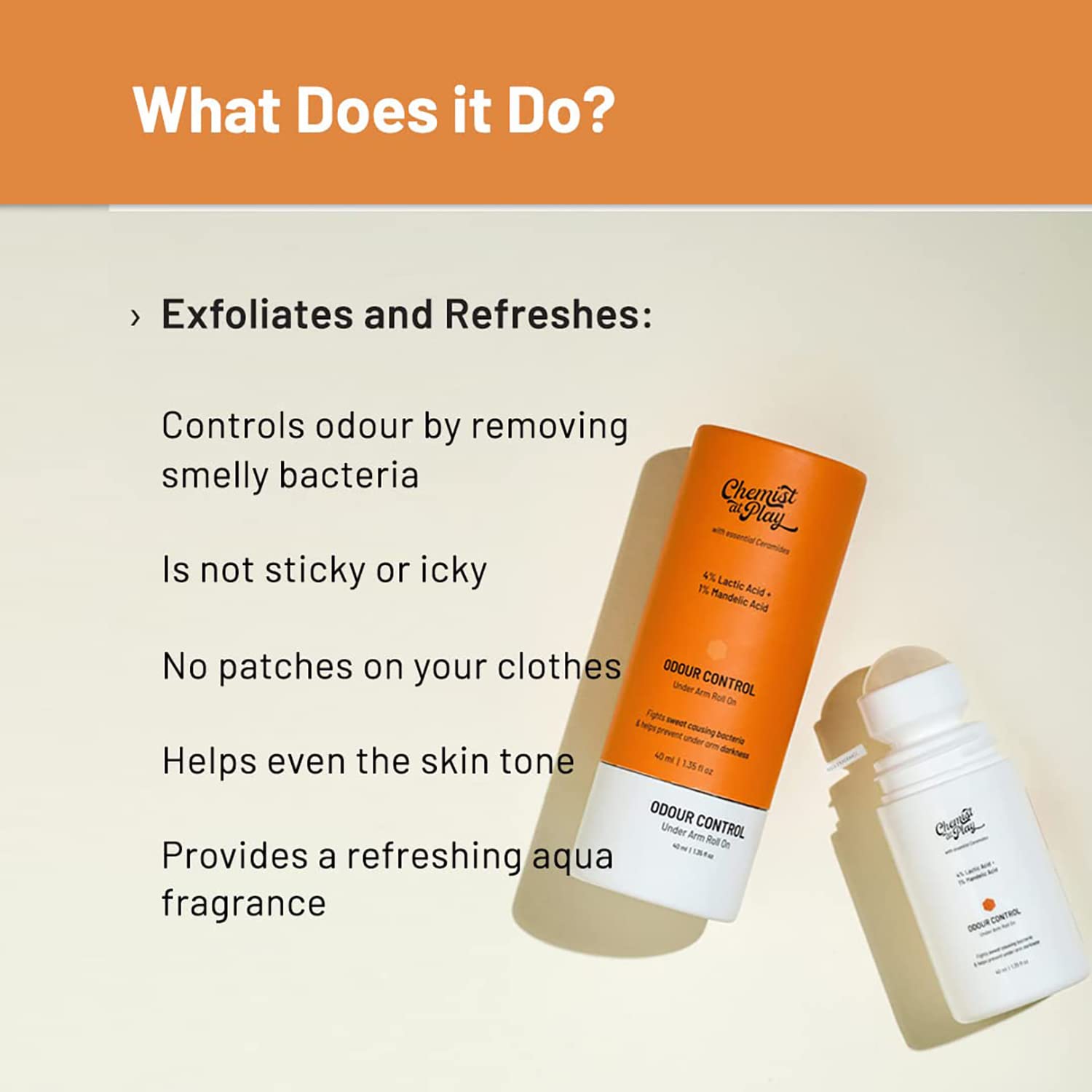 Chemist at Play UnderArm Roll-On with 5% AHA, Lactic Acid & 1% Mandelic Acid -40 ml (Aqua Fragrance). 