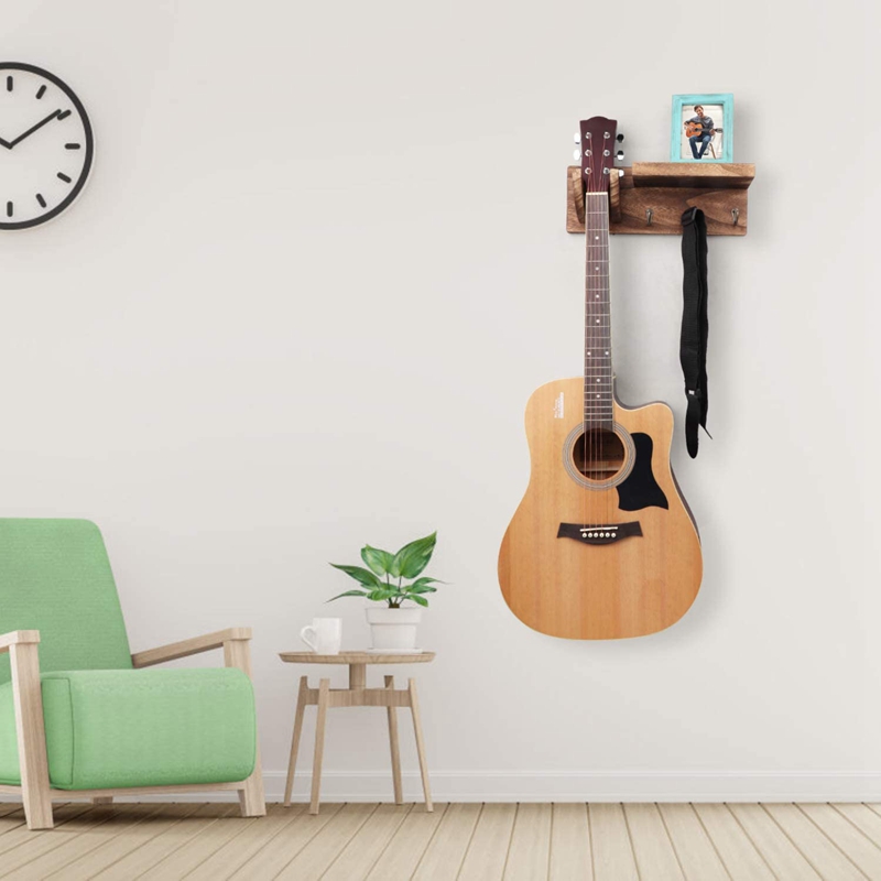Guitar Wall Hanger Guitar Holder Wall Mount Bracket Hanger Guitar Wood Hanging with Pick Holder and 3 Hooks Carbonized. 