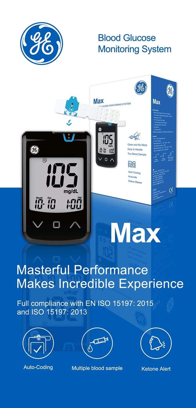 GE Max Blood Sugar Glucose Monitor BT Apps Version Glucometer with 10 Pcs Free Test Strip | 10 Years Brand Warranty by TRONZZ.com. 