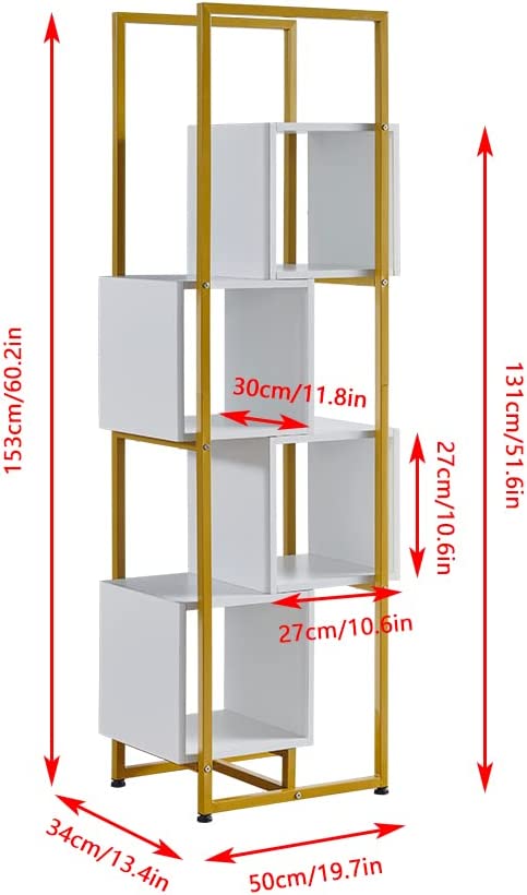 5 Tiers Bookcase S-Shape Storage Shelving Tall for Home Office, Modern Corner Book Shelf with Golden Metal Rack for Unit Media Display Slim Book Shelves Small Space. 