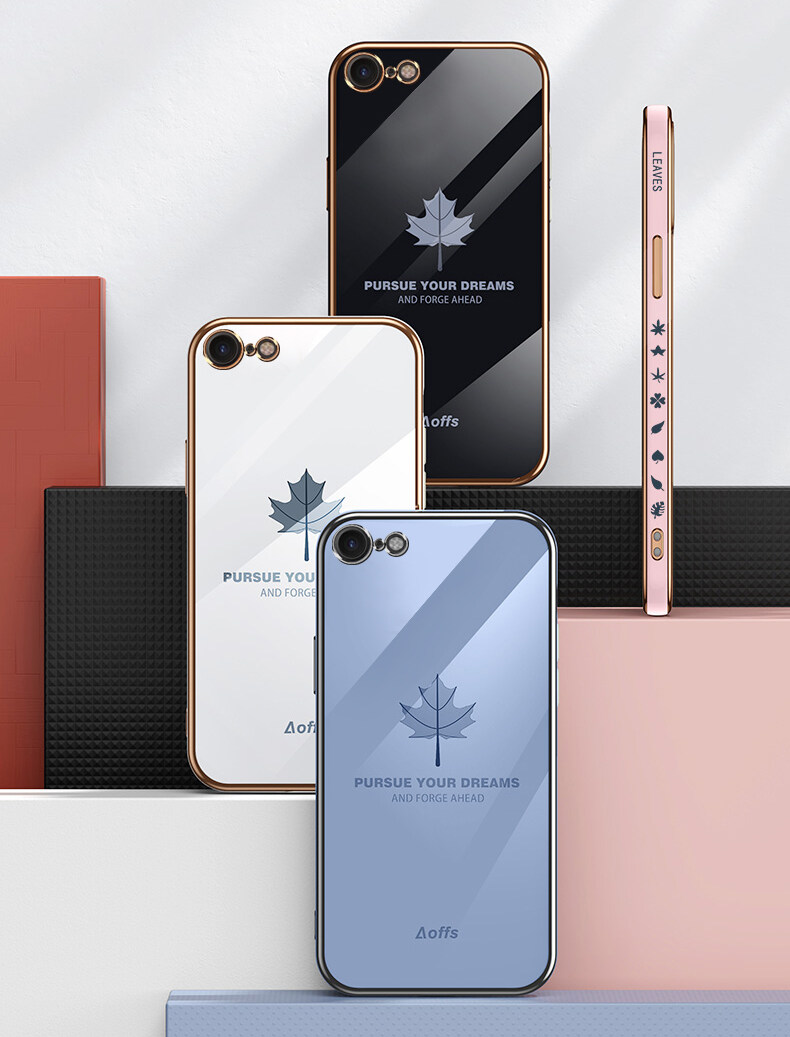 For iPhone 8 / iPhone 7 Back Cover + Wrist Strap Fashion Shiny Maple leaf Plating Square Bumper Phone Case Soft TPU Silicone Shockproof Protective Cover. 
