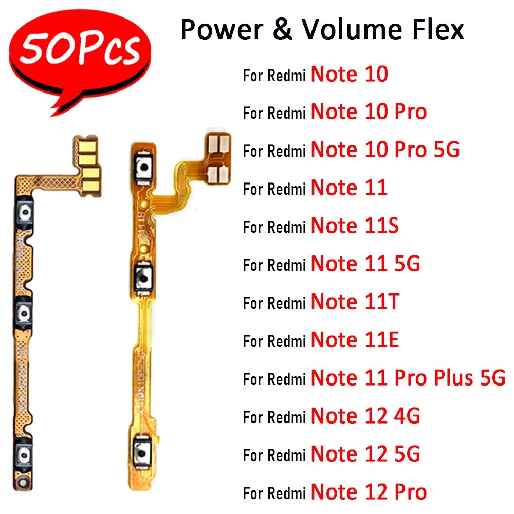 50Pcs，Original Power on/off Volume Key Button Flex Cable Ribbon For Xiaomi Redmi Note 10 12 Pro 5G Note 11 Pro Plus11s 11T 11E