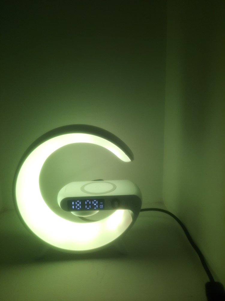 G Shape Clock RGB Light Bedside Lamp with Bluetooth Speaker & Wireless Charging – Multi-Function Home Decor. 