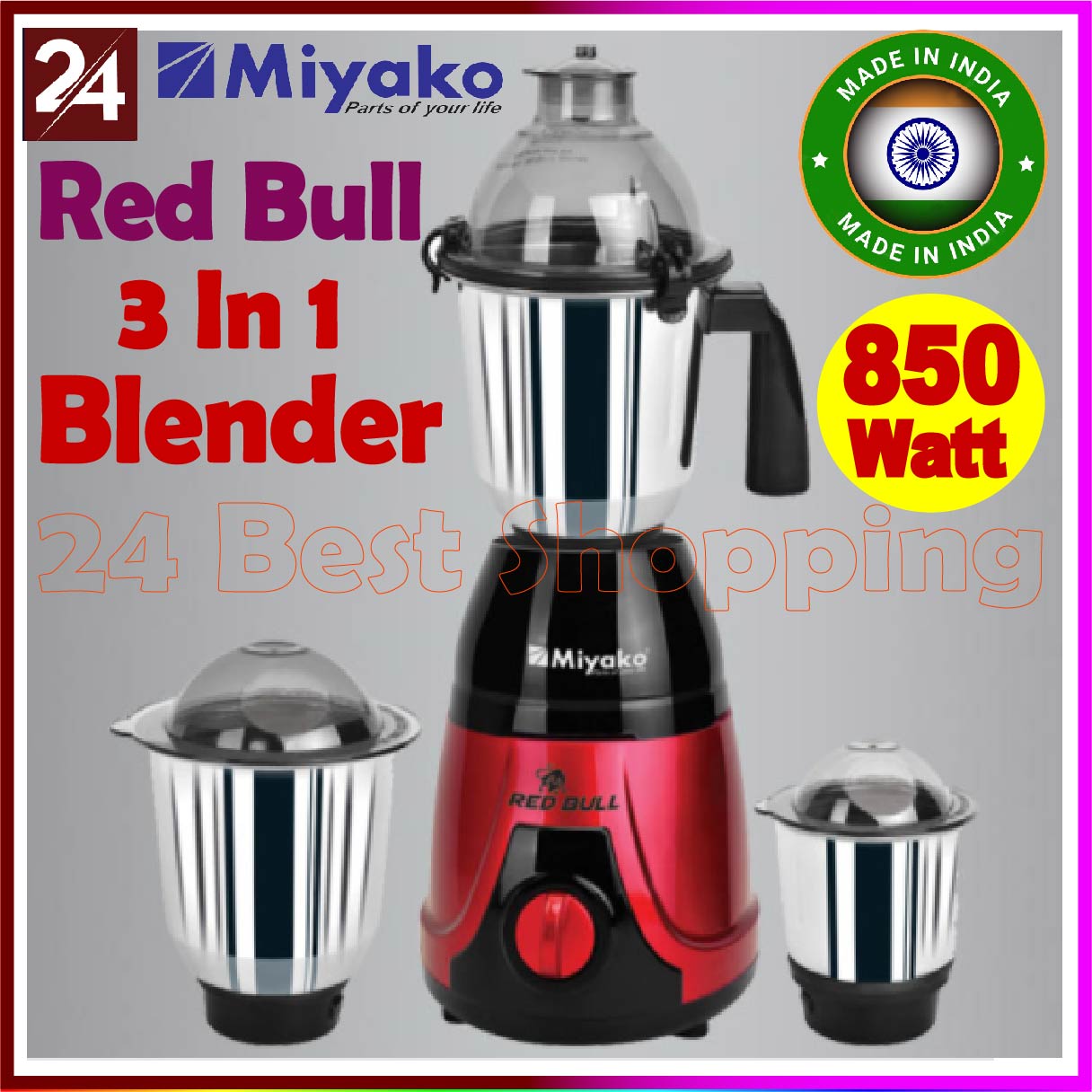 Miyako Multipurpose 3 IN 1 Heavy Duty Blender & Mixer Grinder RED BULL | 850 Watt | Made in India. 