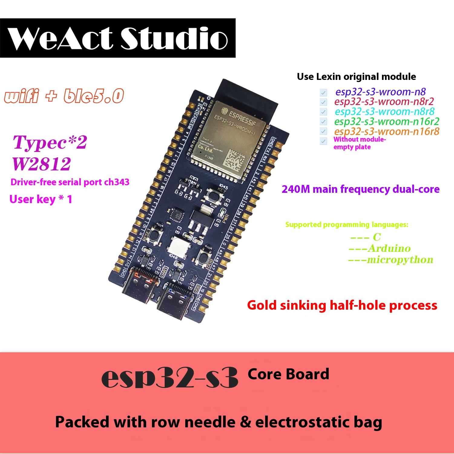 WeAct ESP32-S3 core board N8/N8R8/N16R8 compatible with DevKitC-1WROOM-1 LeXin ESP