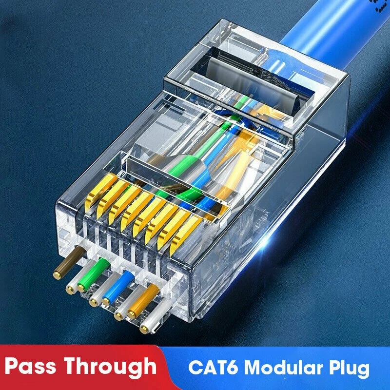 100PCs RJ45 Connector Cat6 Connector Network Unshielded RJ45 Perforated Crystal Head Network Cable