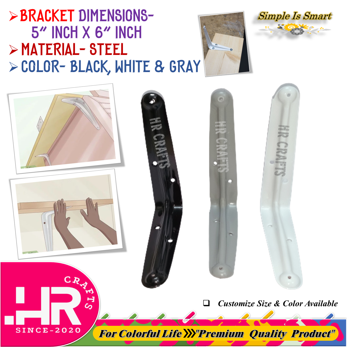 Premium Wall Mounted L Shaped Angle Bracket (Size-5"x6")- Decorative Shelf Bracket- Wall Bracket- Bracket- L Bracket- Angle Bracket- Support Bracket- Floating Bracket- Heavy-Duty Bracket- Corner Bracket- Industrial Bracket- Color White Black & Gray. 