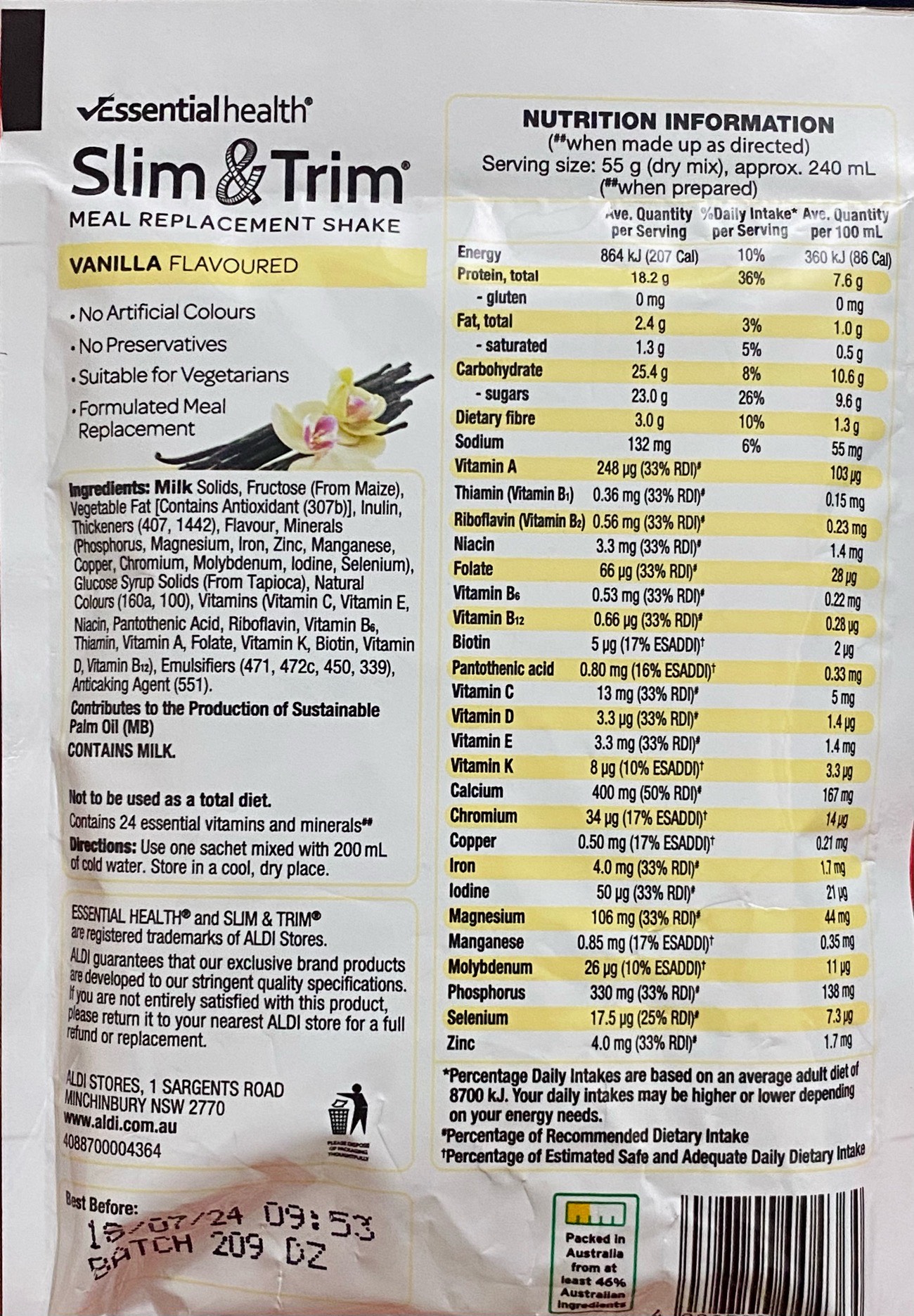 The ALDI Essential Health Slim & Trim is a meal replacement shake Vanilla For Healthy Diet (Made in Australia). 