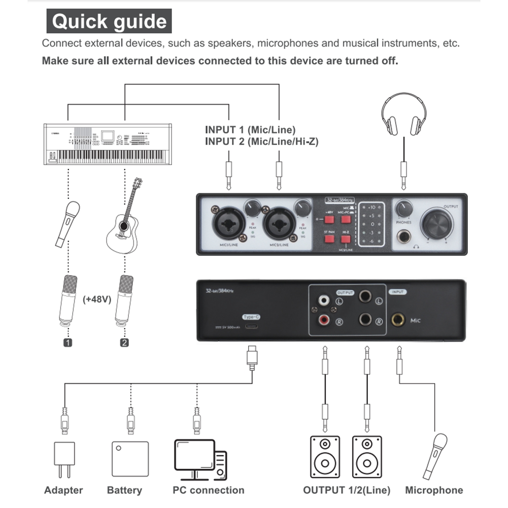 2 in 2 Out USB Audio Interface 32Bit/384KHZ Studio Parts Recording Sound Card 48V Phantom. 