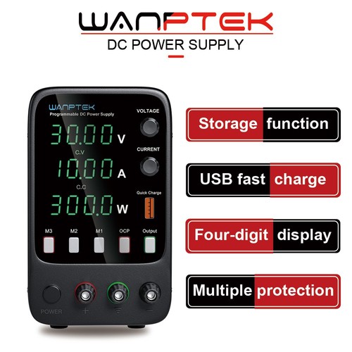 WANPTEK APS3010H Programmable Regulated DC Power Supply, 30V 10A, Storage Memory Function, Encoder Adjustment, USB Fast Charge, 4-Digit Display, Low Ripple, Cooling Fan - UK Plug. 