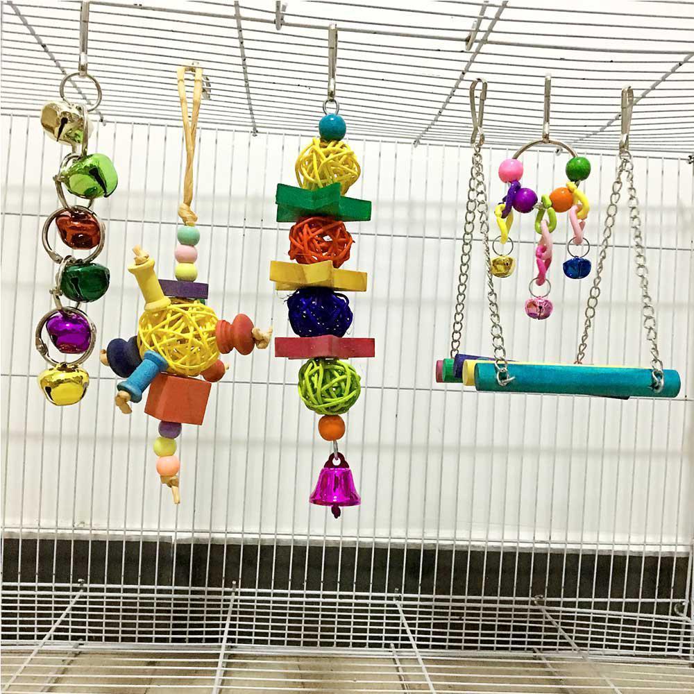 Bird Toys, Parrot Cage Hammock Hanging Bell Toy Colorful Swing Bell String Rattan Ball Bite String Toy 5pcs. 