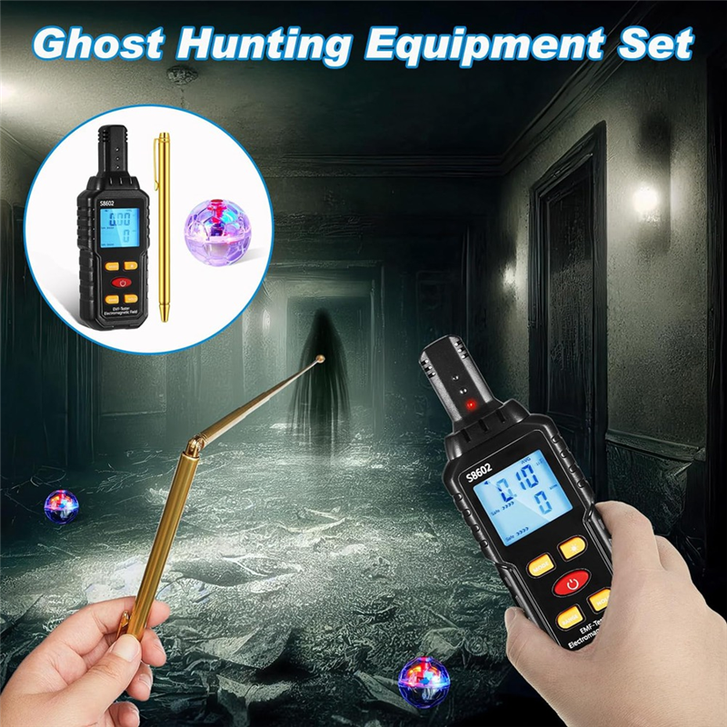 Ghosthunting Equipment Kit 1 EMF Radiation Detector 2 LED Cat Balls 2 Copper Track Poles Cat Balls Ghosthunting Ghost Equipment 5PCS. 