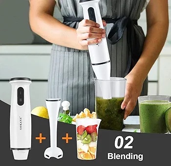 Hand Blender, 800W with 750ml BPA-free Beaker, 450ml Chopper, Whisk, Dual Speed, for Shakes, Smoothies, Baby Food, Soups & More, White. 