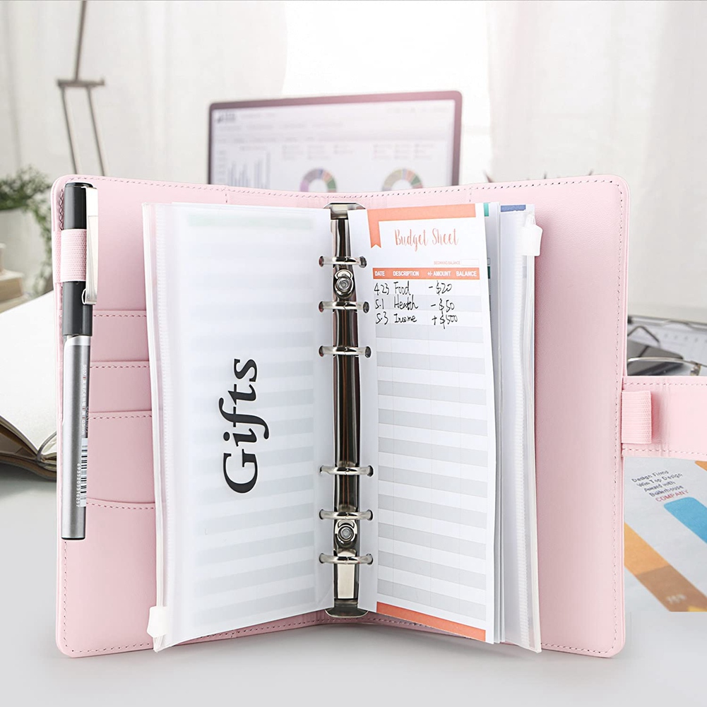 Budget Binder, A6 PU Notebook Planning Notepad, Replaceable 6 Ring Binder Coverfor Personal Planning of Budget Saving B. 