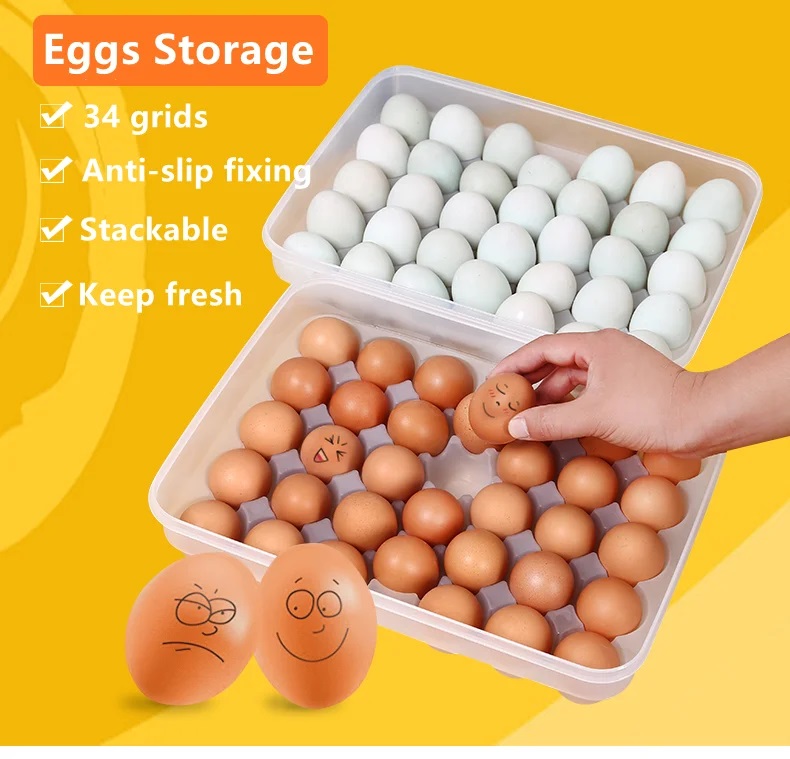 Organize 34 Eggs with Our BPA-Free, Food-Grade Plastic Egg Box! Comes with Lid, Perfect Fit for All Eggs. Ideal for Fridges and Kitchens. Quantity: 1 Pc.. 