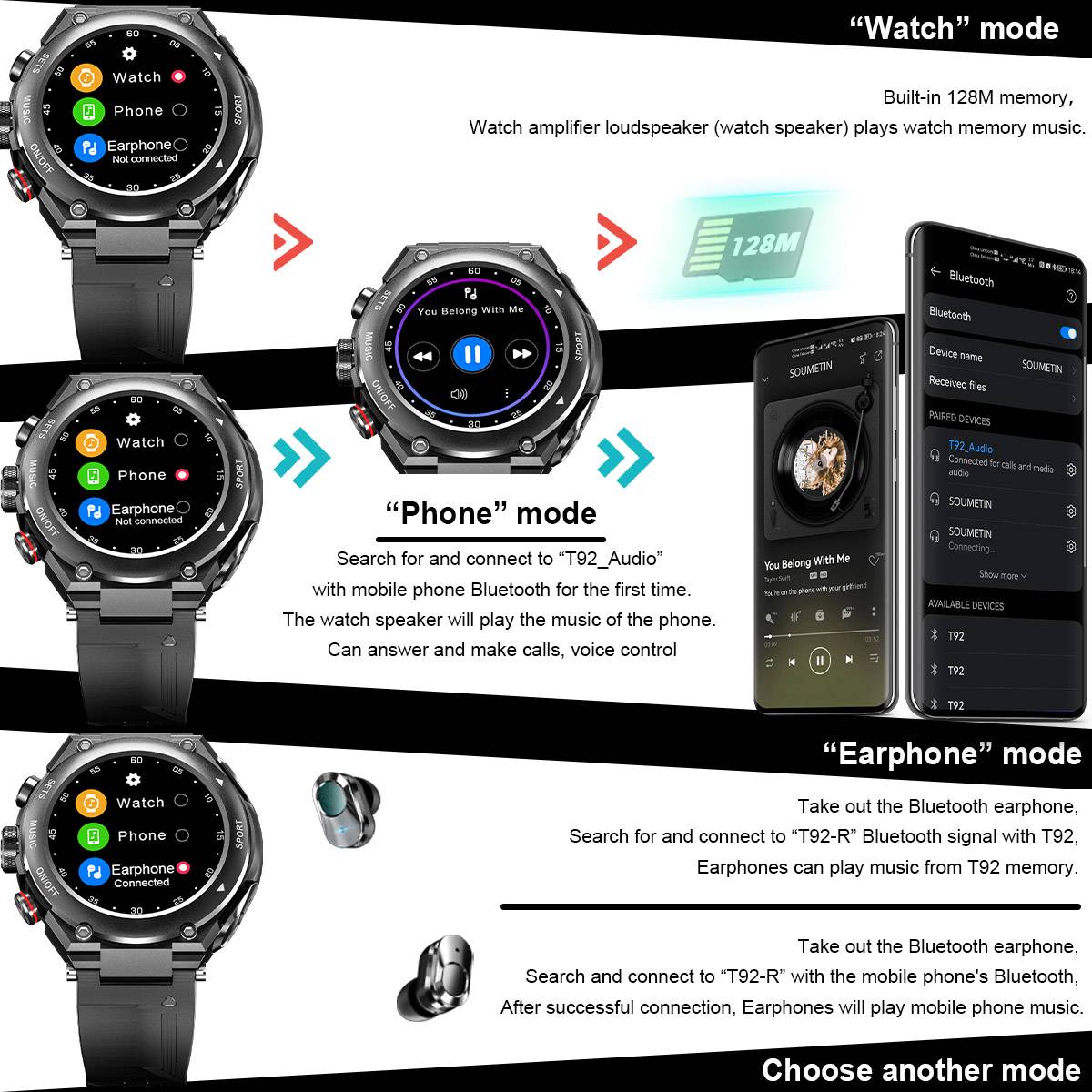 DESONG T92 Pro Smart Watch With Earbuds Bluetooth Headset Smartwatch With Speaker Tracker Music Heart Rate Monitor Man Watch New. 