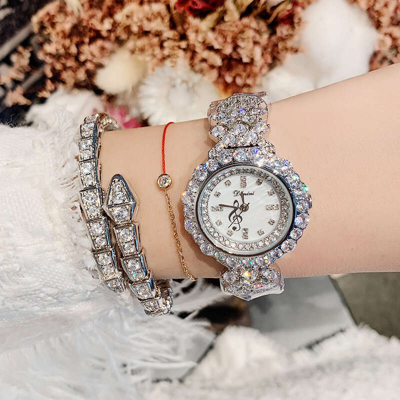 Timmy's New Fashion Full Diamond Bracelet, Notes, Shell Face Quartz Waterproof Watch, Women's Watch