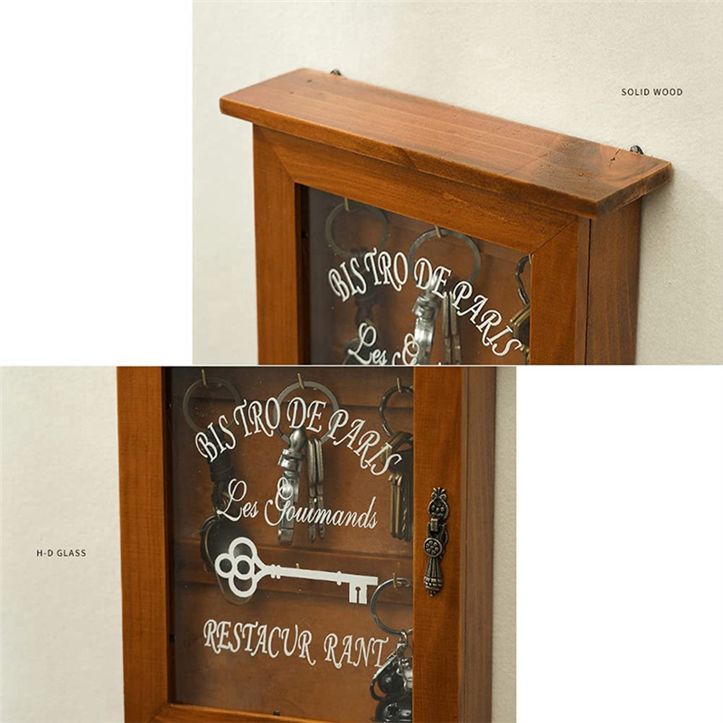 Wooden Key Box, Retro, Wall, Key Cabinet with Magnetic Door, Solid Wood Storage with 6 Hooks Easy Install Easy to Use -B. 