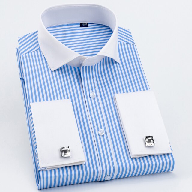 Men's Striped Spread Collar French Cuff Shirt Without Pocket Formal Business Long Sleeve Standard-fit Dress Shirts. 