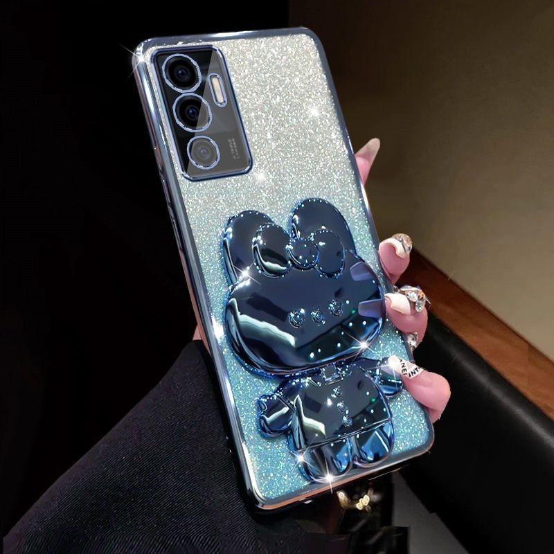 For Vivo V23 5G / Vivo V23e Back Cover case with Cute Rabbit Makeup Mirror Stand Luxury Slim Gradient Plating Glitter Girls Back cover Clear Soft Silicone Protective Pouch