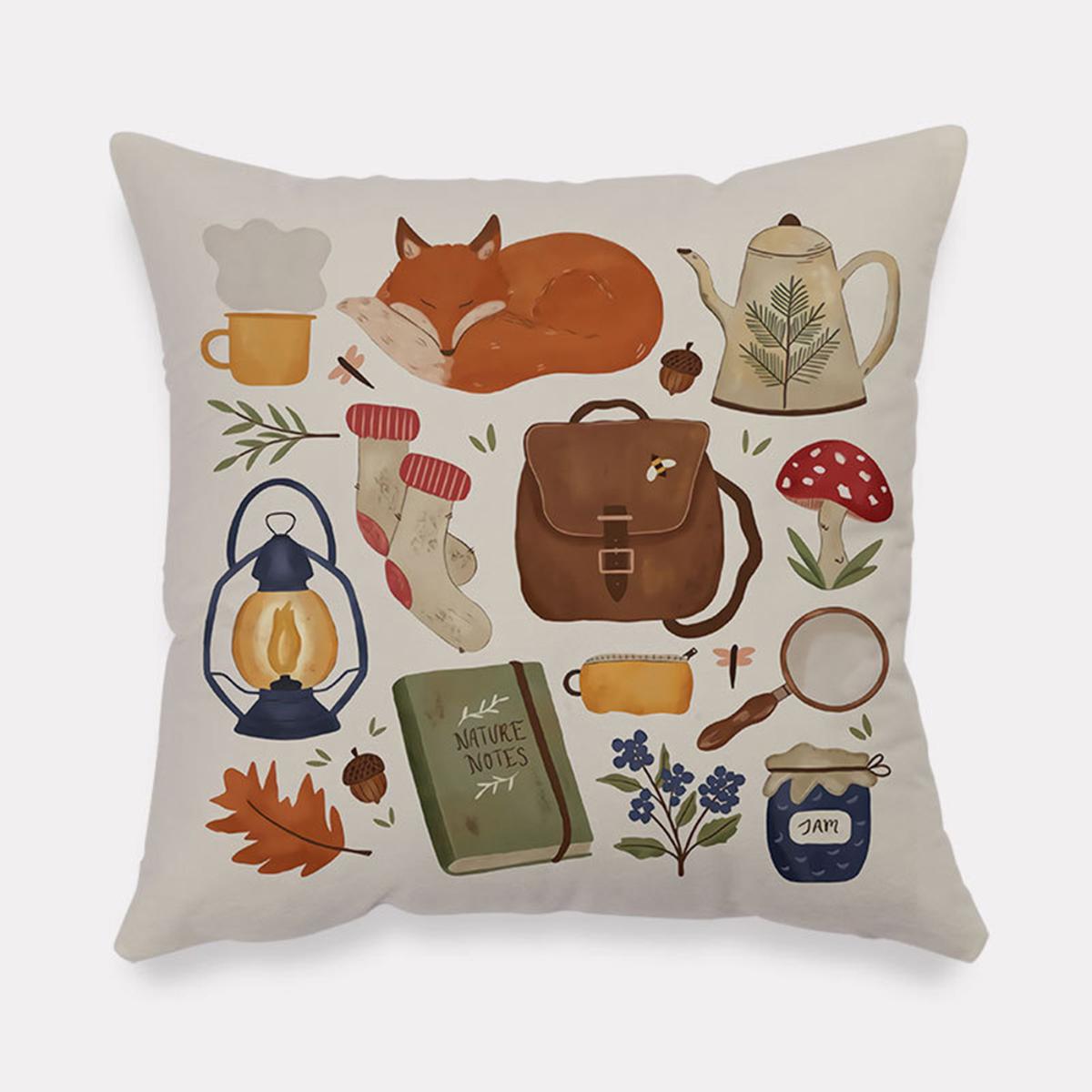 GC Flannel Square Bedside Pillowcase, Pastoral Home Atmosphere Cartoon Anime Pattern Cushion Protective Cover With Invisible Zipper 45x45cm color