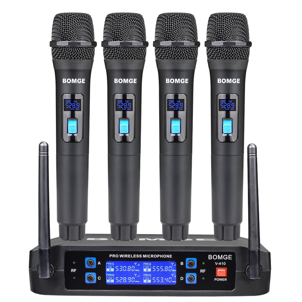 BOMGE Wireless Microphone System, Pro 4-Channel Cordless Mic Set with Four Handheld Mics, Fixed Frequency, Long Range 200ft, Ideal for Church,Karaoke, Events (V410)
