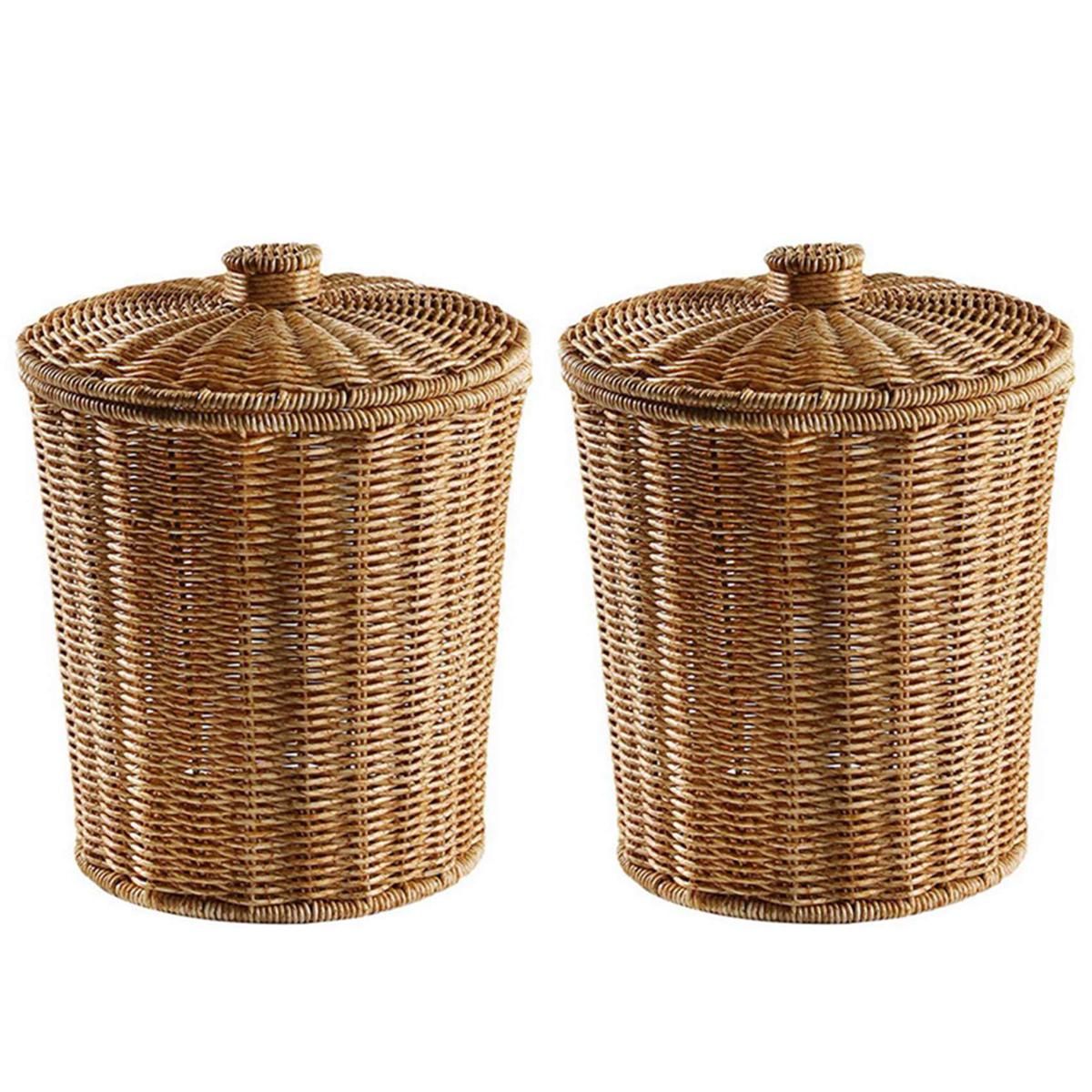 2X Woven Basket Trash Can Round Rattan Waste Basket with Lid Planter Woven Storage Baskets Wicker Garbage Bin