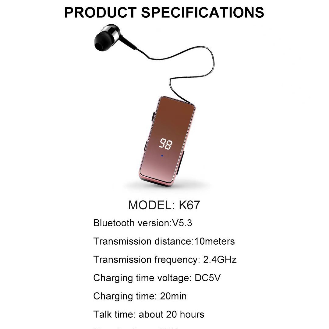Cross-border private model K67 collar clip-on Bluetooth headset long endurance digital display wireless universal sports. 