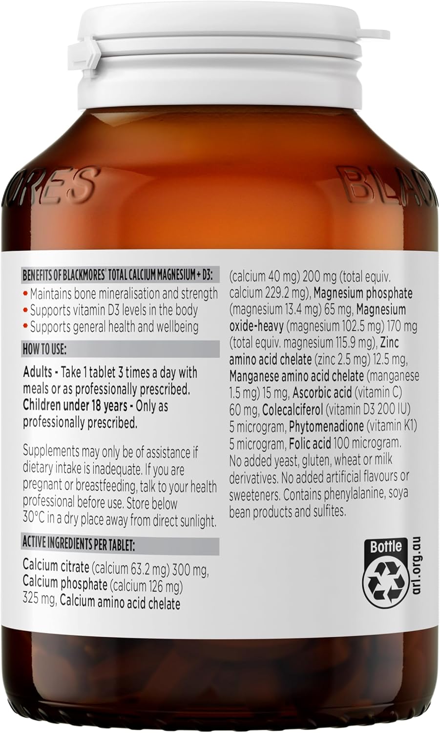 Blackmores Total Calcium Magnesium + D3 | Supports Bone Health & Muscle Function | Enriched with Vitamin D3 to aid calcium absorption | 125 Tablets, Australia. 