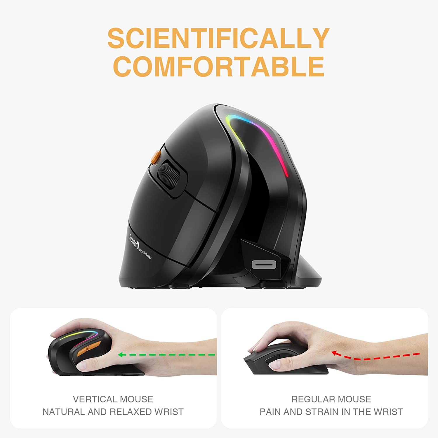 ProtoArc EM11 Bluetooth Wireless Vertical Mouse Rechargeable Ergonomic Mouse RGB Optical Vertical Mice for Windows Mac Android. 
