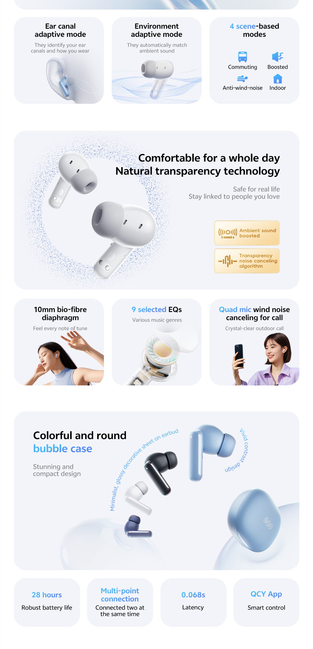 QCY MeloBuds N30 (HT16) 45dB ANC Earbuds, Dual Device Connection Mode, Ai Noice Cancelling for calling. 